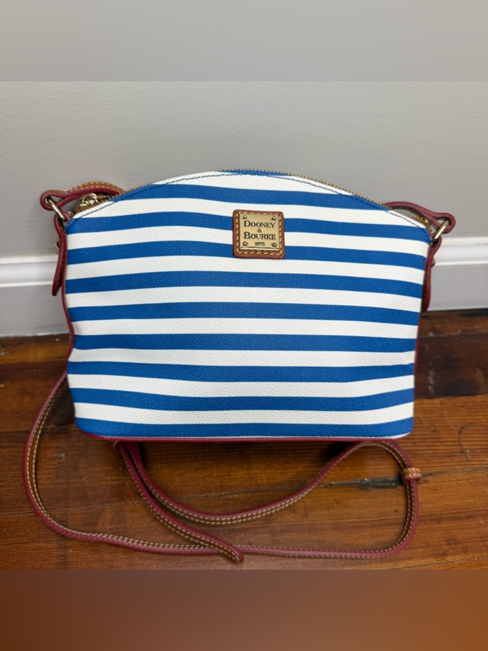 Dooney & Bourke Blue and White Striped Crossbody with Brown Trim